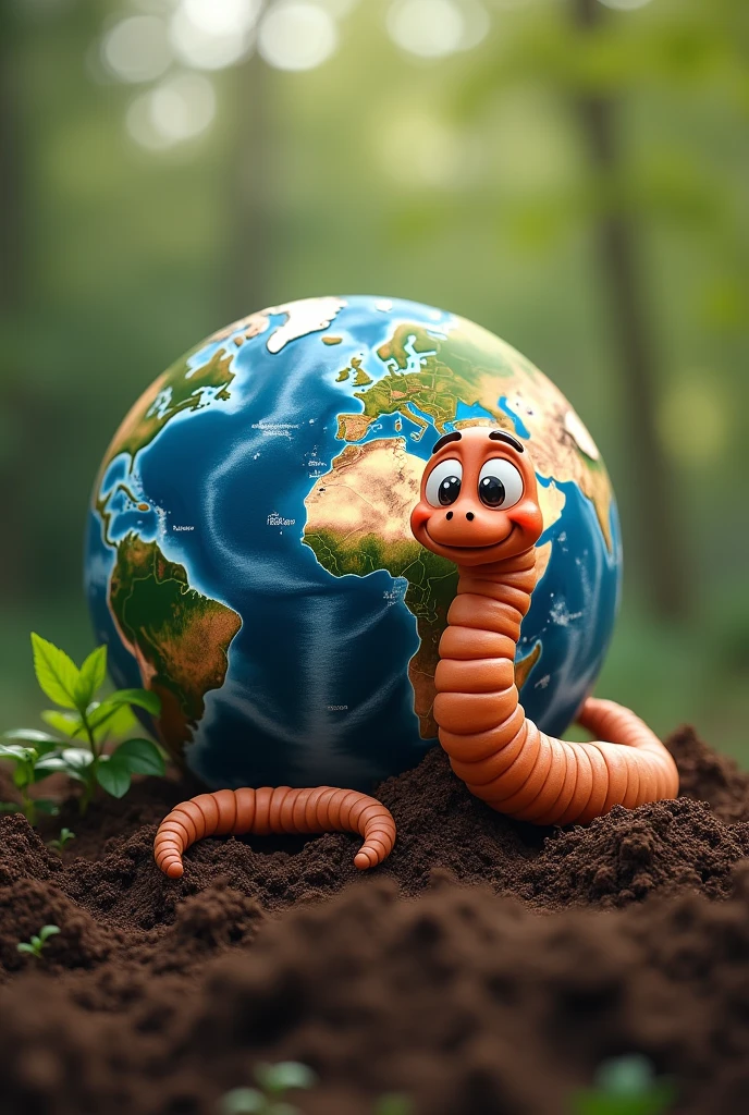 Planet Earth with the Earthworm mascot demonstrating the importance of keeping the soil healthy and preserved
