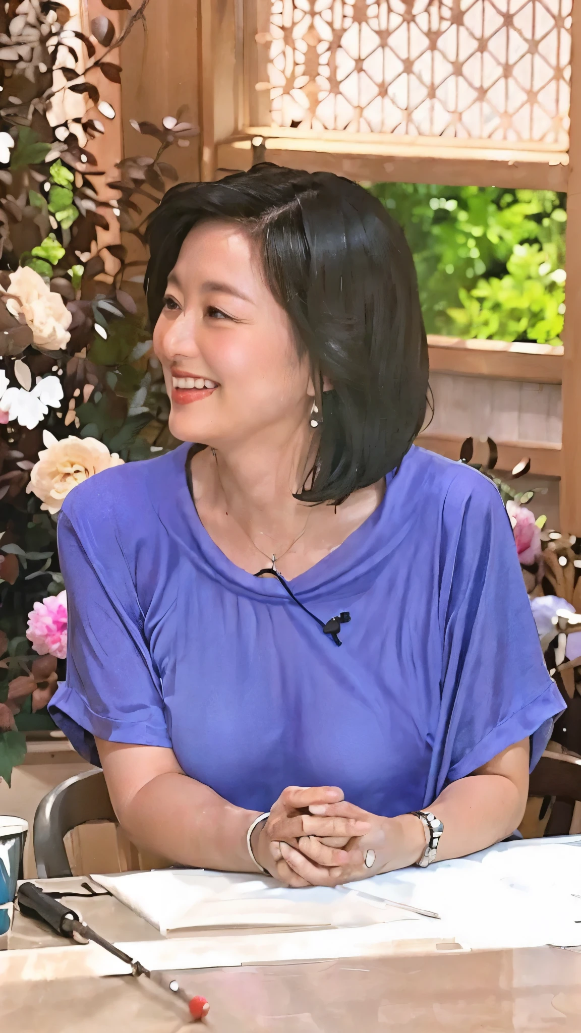 Highest quality,16K,A middle-aged Japanese woman wearing a blue silk short-sleeved blouse is sitting with her hands folded on the table,A beautiful profile of a woman smiling with a voluptuous figure, looking to the side,Wrinkles in clothes that reveal the shapely fullness of breasts,A black lapel microphone is visible from the collar.,Silver Watch,necklace,bracelet,Teacups on the table.Indicator stick.The documents are placed,Raw photo, Highest quality), (Realistic, photo-Realistic:1.2),Fine skin:1.4), Puffy eyes, Gorgeous Hair), Indoors, Portraiture, Black Hair,