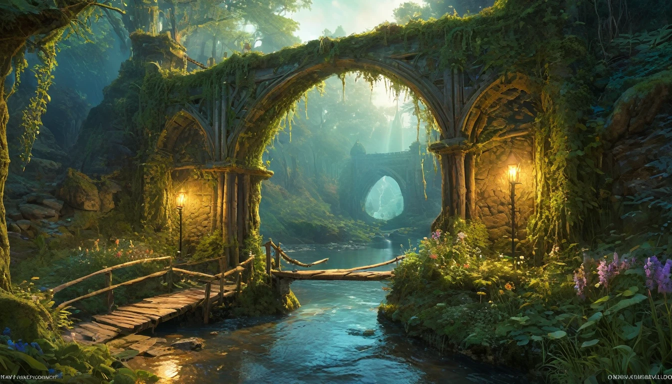 (anime, fantasy, secret passage), (detailed CG unity 8k wallpaper, masterpiece, best quality, ultra-detailed, HDR:1.2), a mysterious path, bridge cross the river, medieval vibe, medieval hidden place. {unique shape} {4k texture}, vibrant color, intricate, ethereal lighting. From Brian Froud and Carne Griffiths and Wadim Kashin and John William Waterhouse