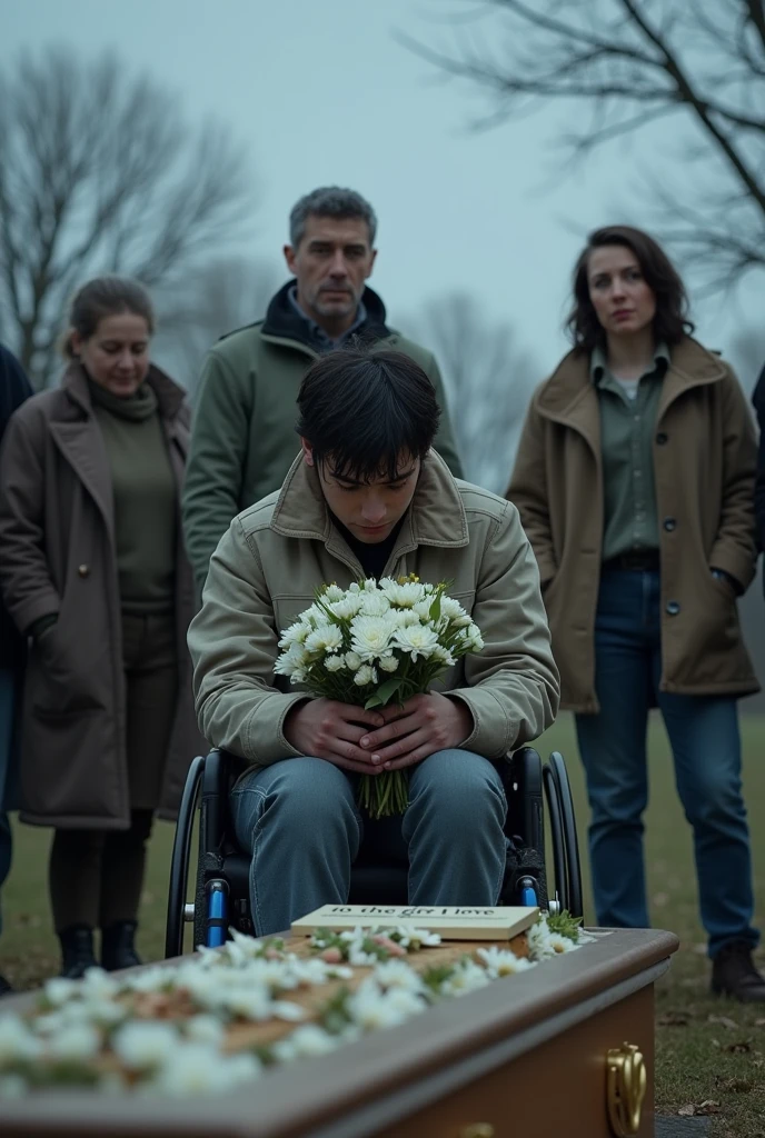 **Photographic description of scene 20 anos soldado de 20 anos do Irã. A cena da morte esta contando e o humano faz questionamentos, incapaz de aceitar a realidade.. Our little army boy Is comin' home from B-F-P-O We've a bunch of purple flowers To decorate a mammy's hero Mournin' in the aerodrome The weather warmer, he is colder Four men in uniform To carry  :** 1. **plano principal :** - **Julian Lexloy** in a wheelchair, with a foot in a bandage, est placé au centre de l'image, la tête baissée, looking distraught. He is dressed in a dark suit, with messy black hair and eyes filled with tears. His hands tremble as he places a bouquet of white flowers on the coffin. Sa posture est courbée, showing deep distress. 2. **Arrière-plan immédiat :** - **The coffin** of Ruby is at the center, entouré de fleurs blanches, with a plaque bearing the note : "To the girl I love". The coffin est sobre et élégant, posing a contrast to the ambient sadness. 3. **ao redor :** - **Ruby's Father** se tient à droite de l'image, in a dark suit, avec une expression triste mais réconfortante. He places a hand on Julian's shoulder, offering a gesture of support. - **Mrs. Lexloy** is visible in the background, à gauche, le visage marqué par la tristesse, dressed in black. His gaze is directed towards Julian with palpable compassion. 4. **In the distant background :** - The ceremony took place in a cemetery, with bare trees and a gray sky in the background. The setting is simple, with benches for mourning guests. 5. **ambiente :** - The atmosphere is heavy with sadness. La lumière est douce, creating a melancholic atmosphere. The gray sky and bare trees add to the somber tone of the scene. 6. **Musique :** - Gentle and emotional music ("I found") plays in the background, adding to the atmosphere charged with emotion and despair. This photograph captures Julian's deep sorrow, the timid support of his entourage, and the dark and solemn atmosphere of the funeral ceremony.
