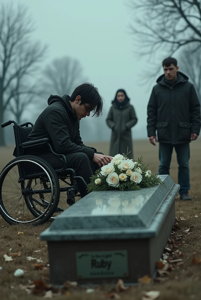 **Photographic description of scene 20 anos soldado de 20 anos do Irã. A cena da morte esta contando e o humano faz questionamentos, incapaz de aceitar a realidade.. Our little army boy Is comin' home from B-F-P-O We've a bunch of purple flowers To decorate a mammy's hero Mournin' in the aerodrome The weather warmer, he is colder Four men in uniform To carry :** 1. **plano principal :** - **Julian Lexloy** in a wheelchair, with a foot in a bandage, est placé au centre de l'image, la tête baissée, looking distraught. He is dressed in a dark suit, with messy black hair and eyes filled with tears. His hands tremble as he places a bouquet of white flowers on the coffin. Sa posture est courbée, showing deep distress. 2. **Arrière-plan immédiat :** - **The coffin** of Ruby is at the center, entouré de fleurs blanches, with a plaque bearing the note : "To the girl I love". The coffin est sobre et élégant, posing a contrast to the ambient sadness. 3. **ao redor :** - **Ruby's Father** se tient à droite de l'image, in a dark suit, avec une expression triste mais réconfortante. He places a hand on Julian's shoulder, offering a gesture of support. - **Mrs. Lexloy** is visible in the background, à gauche, le visage marqué par la tristesse, dressed in black. His gaze is directed towards Julian with palpable compassion. 4. **In the distant background :** - The ceremony took place in a cemetery, with bare trees and a gray sky in the background. The setting is simple, with benches for mourning guests. 5. **ambiente :** - The atmosphere is heavy with sadness. La lumière est douce, creating a melancholic atmosphere. The gray sky and bare trees add to the somber tone of the scene. 6. **Musique :** - Gentle and emotional music ("I found") plays in the background, adding to the atmosphere charged with emotion and despair. This photograph captures Julian's deep sorrow, the timid support of his entourage, and the dark and solemn atmosphere of the funeral ceremony.