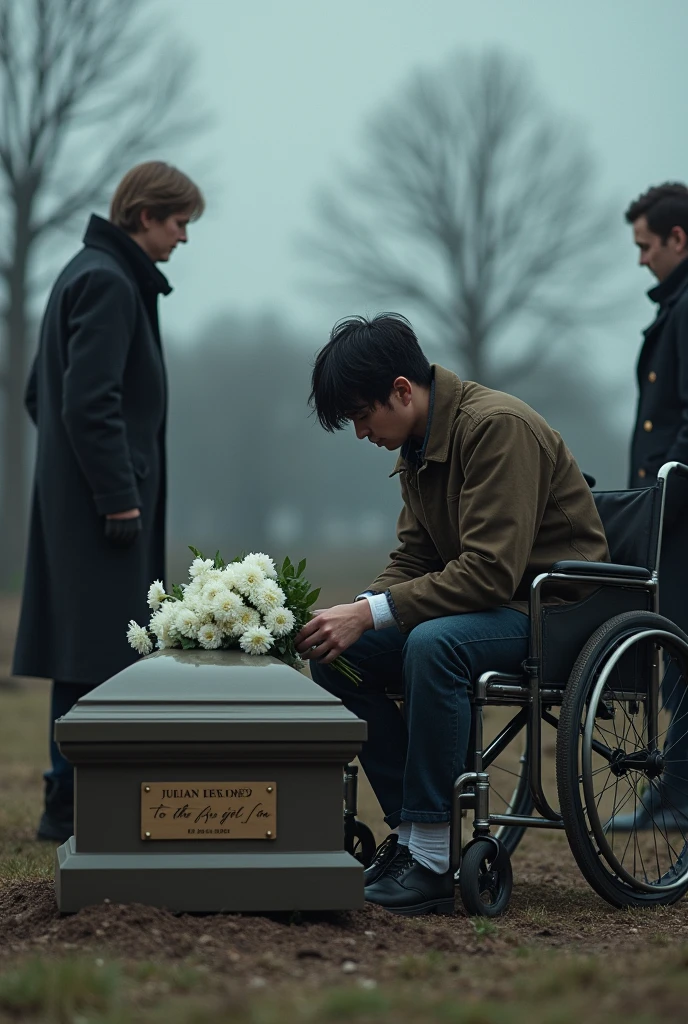 **Photographic description of scene 20 anos soldado de 20 anos do Irã. A cena da morte esta contando e o humano faz questionamentos, incapaz de aceitar a realidade.. Our little army boy Is comin' home from B-F-P-O We've a bunch of purple flowers To decorate a mammy's hero Mournin' in the aerodrome The weather warmer, he is colder Four men in uniform To carry :** 1. **plano principal :** - **Julian Lexloy** in a wheelchair, with a foot in a bandage, est placé au centre de l'image, la tête baissée, looking distraught. He is dressed in a dark suit, with messy black hair and eyes filled with tears. His hands tremble as he places a bouquet of white flowers on the coffin. Sa posture est courbée, showing deep distress. 2. **Arrière-plan immédiat :** - **The coffin** of Ruby is at the center, entouré de fleurs blanches, with a plaque bearing the note : "To the girl I love". The coffin est sobre et élégant, posing a contrast to the ambient sadness. 3. **ao redor :** - **Ruby's Father** se tient à droite de l'image, in a dark suit, avec une expression triste mais réconfortante. He places a hand on Julian's shoulder, offering a gesture of support. - **Mrs. Lexloy** is visible in the background, à gauche, le visage marqué par la tristesse, dressed in black. His gaze is directed towards Julian with palpable compassion. 4. **In the distant background :** - The ceremony took place in a cemetery, with bare trees and a gray sky in the background. The setting is simple, with benches for mourning guests. 5. **ambiente :** - The atmosphere is heavy with sadness. La lumière est douce, creating a melancholic atmosphere. The gray sky and bare trees add to the somber tone of the scene. 6. **Musique :** - Gentle and emotional music ("I found") plays in the background, adding to the atmosphere charged with emotion and despair. This photograph captures Julian's deep sorrow, the timid support of his entourage, and the dark and solemn atmosphere of the funeral ceremony.