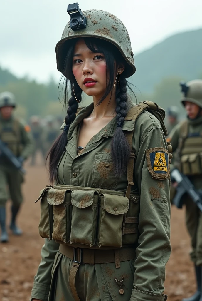 Photo-realistic, ultra-realistic, (very beautiful Japanese, famous Japanese idol:1.3), (Fully equipped for battle:1.5), (painful impressions, crying:1.3), (wearing an army soldier's Camouflage outfits with military helmet:1.5), (at a battle field), very large breasts, (tactical vest, military harness:1.3), (military long boots:1), dynamic angle, spectacular, (muddied, damaged wears, damaged body:1.3), (military cameraman), (holding a classical Rolleiflex twin lens reflex camera:1.3), (shoot from side)