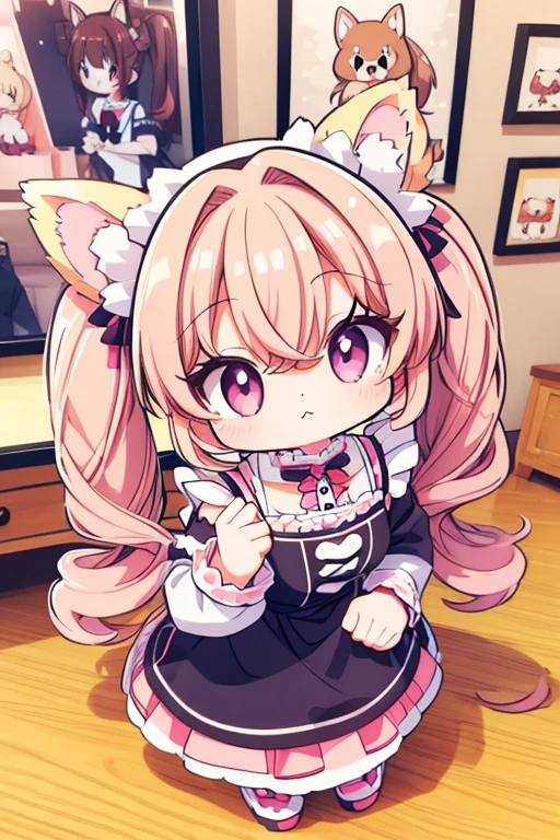 Highest quality,masterpiece,dogcafe,Girl clerk,Maid clothes,(Pomeranian,Multiple small dogs 1.3),Anime Style,cute,Twin tail hair,