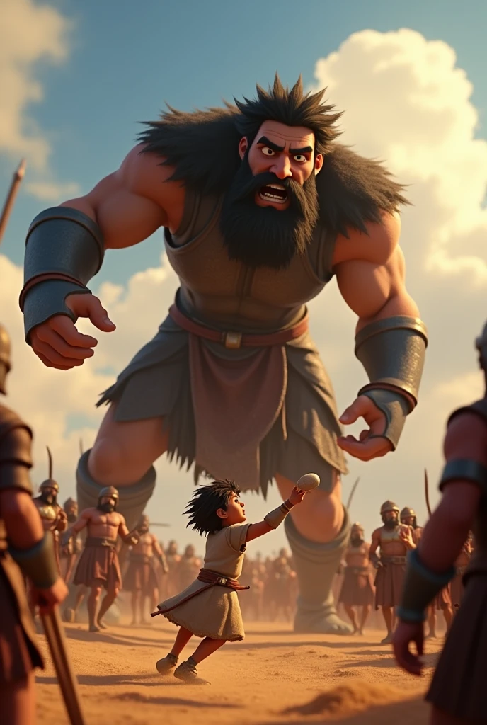 The moment after Davi's stone strikes Golias on the forehead. Golias, the giant black warrior, is shown in mid-fall, his face in shock and disbelief. Davi is still standing with his sling, a look of intense focus on his face. The background shows the soldiers reacting in awe. The animation style is 3D Pixar/Disney, with dramatic lighting highlighting the moment of victory."
