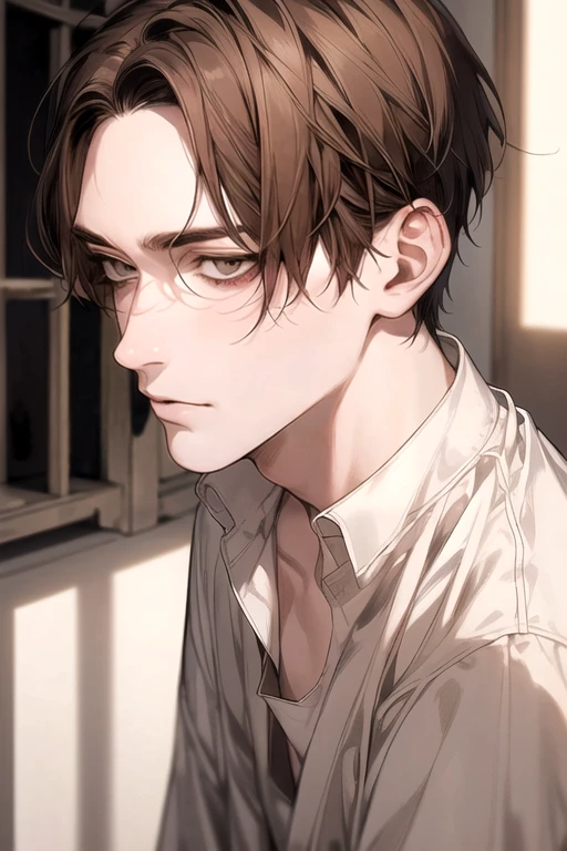 (Masterpiece), (Best Quality), Very detailed, ((a pale guy )), Perfect Face, Beautiful Face, Very detail, (short brown-haired man), (brown eyes), (harems)、white shirt, wear , stunning, blood stained, exspressionlees, open shirt, cold shadow, shadow