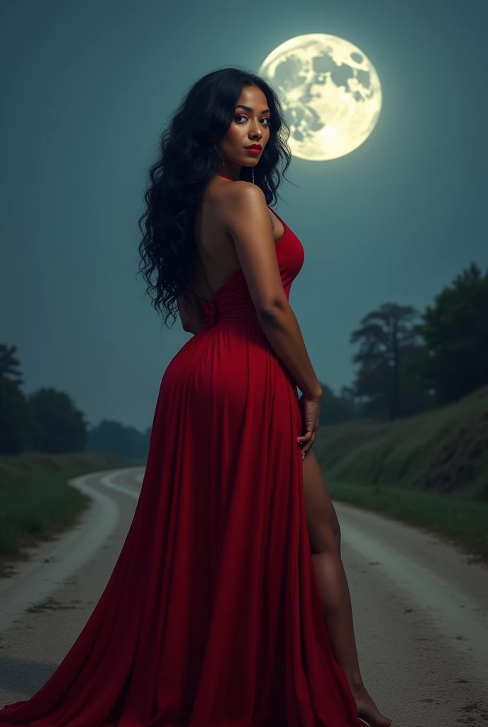 Moorish brunette woman, age 45, sensuous, Bullish, Bust Big, rosto sensuous, red mouth, dark brown wavy hair down to the butt, well-defined glutes, long red dress, at an empty crossroads, full moon at night