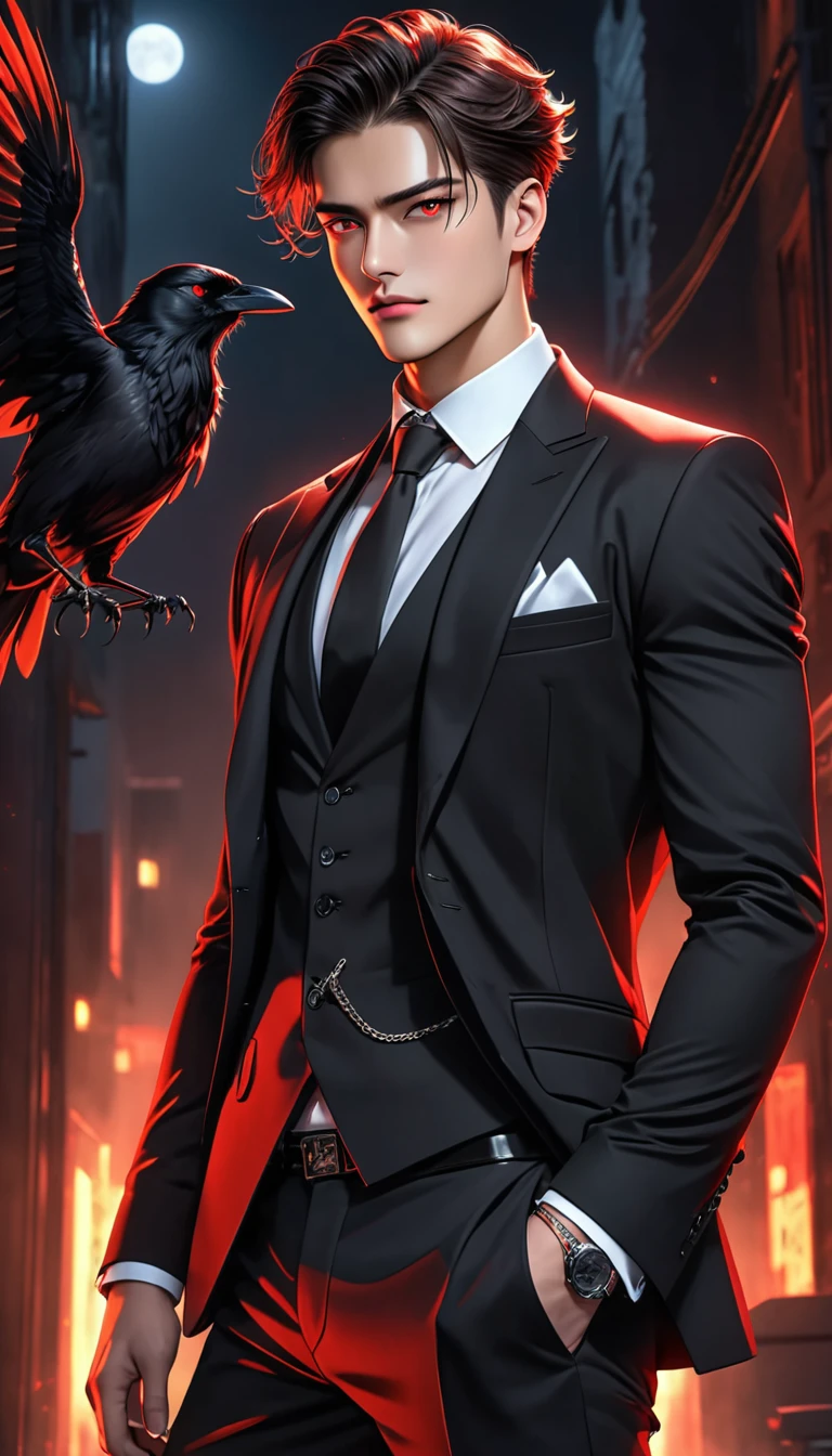 Masterpiece, 8k, HDR, best quality, ultra-detailed, aesthetic pose, dark vibes, man about twenty years old, handsome, hot guy, his ruby-red eyes glowed, sharp gaze look at down, tall, standing cool, side angle, close-up, wearing vest and black suit, the chain attribute on his suit adds to the glamorous impression, broad chest, hand in trouser pocket pose, dark grave background in the night with crow fly.