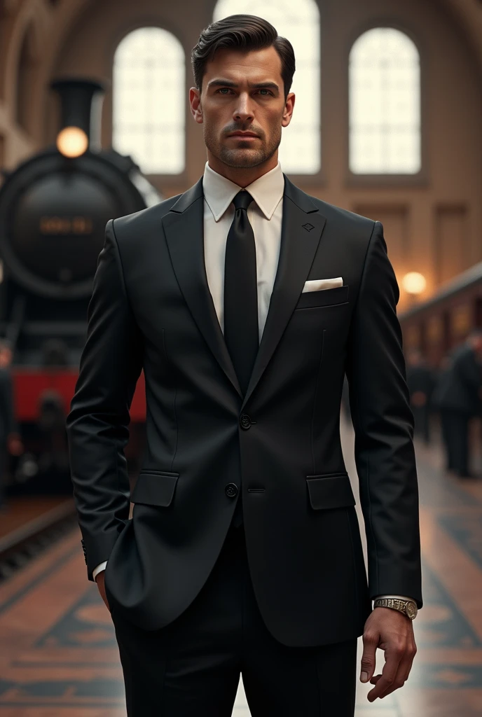 man, short black hair, dressed in an elegant suit, full body, in a train station, looking at the camera, a locomotive behind, photorealistic