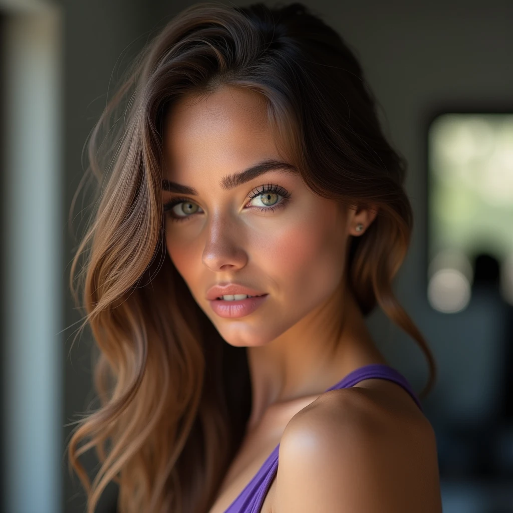 Very beautiful portrait, real photo, 20 year old very innocent supermodel, side view very seductively posing, woman in a gym flirty pose, sexy pose, seductive pose, in very detailed purple sexy athletic wear with very detailed very sexy yoga short shorts, green eyes, from behind portrait sophie mudd, very detailed brunette goddess with large piercing green eyes, selfie of a young woman, sultry looking, natural fine makeup, looking straight at camera, face with artgram, Stunning full-length shot, beautiful angle, attractive pose, Sweet and sexy pose, full length image, full-body, high detail, Satisfied posture. (very Beautiful and very detailed eyes description), (very beautiful and very detailed face), Perfect female body, (Best Quality), (ultra-detailed), (masterpiece), (high resolution), (Original), (the Extremely Detailed Unity 8K Wallpapers) 16K photo, front or rear view, SFW, safe for work, no nudity, (rear and side view)