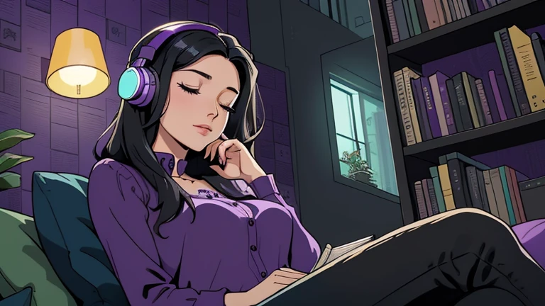 Beautiful woman in her 30s with black hair is sitting with headphones on the sofa. Looking down, eyes closed, LOFI girl, alone in the room, blouse, cozy wallpaper, big cushion, bookshelf, relaxing mood, night core, cozy, wide glass window with skyscrapers, outside view at night, only five fingers, purple wall,