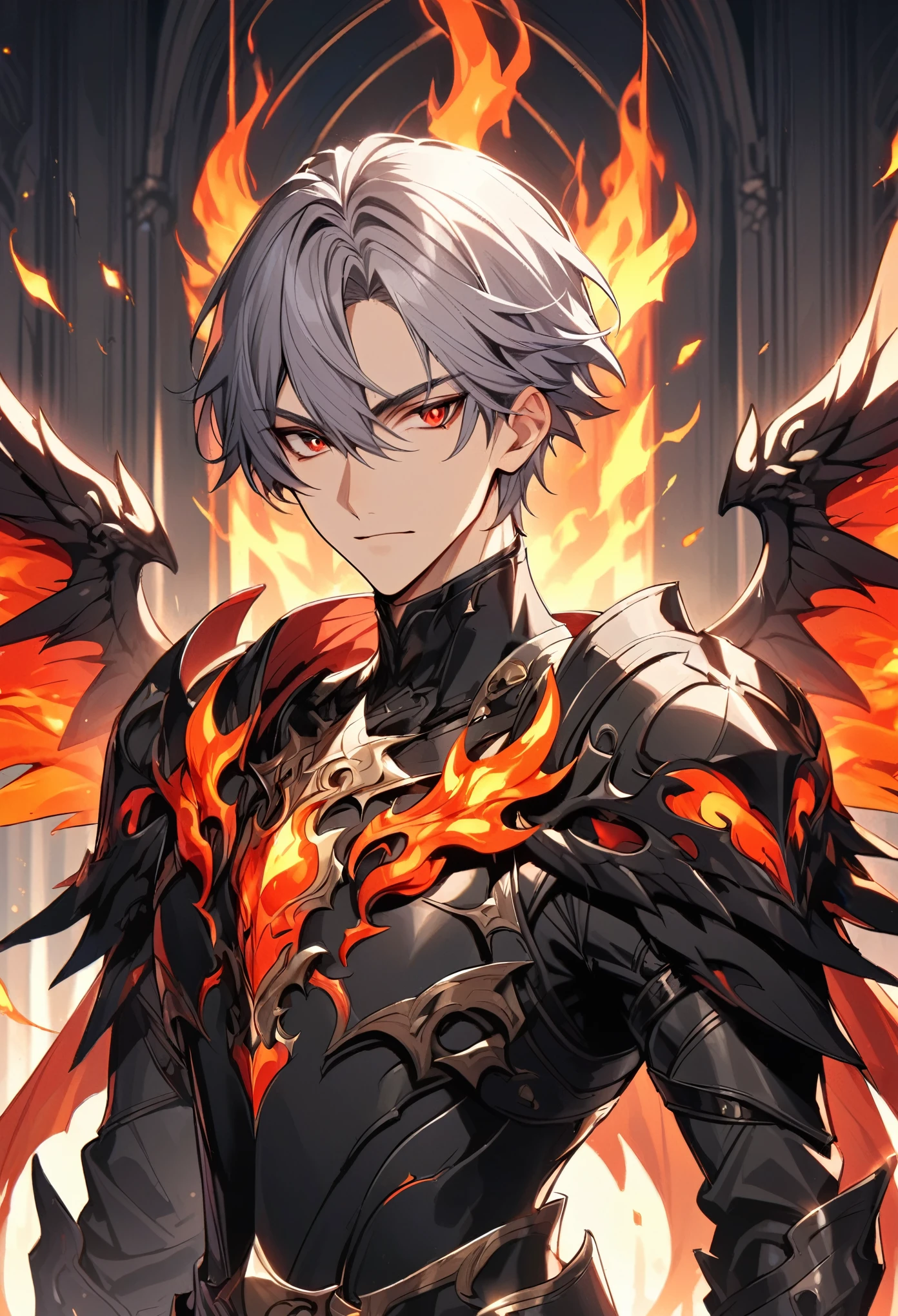 solo, handsome, 1 male, short hair, grey hair, red eyes, black armor, fire wings, swords, flame