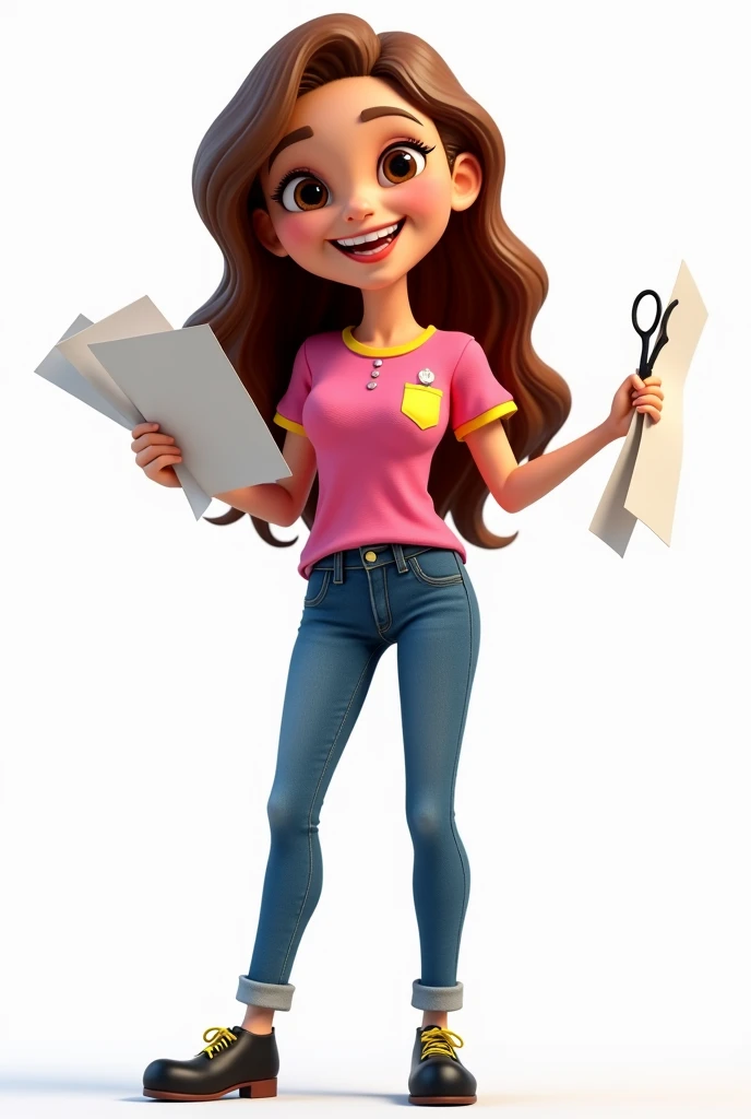 Brazilian doll woman mascot with long light brown hair, brown eyes and fair skin, Grinning, pink shirt with yellow details and jeans Holding several sheets of paper in the right hand and a small pair of scissors in the left hand Pink. shoes black. Background transparent