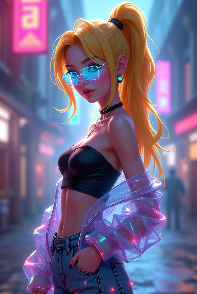 A nearly realistic, realistic, and hyper-realistic RPG game action MOBA 5v5 anime virtual scene. It features a viral realistic VRMMO game graphic with a full-frame fantasy splash screen, viewed from a side perspective in a 5v5 arena like in ROV. A young woman with long, yellow hair tied into a lightning-shaped ponytail wears neon blue glasses, a black strapless top, and a fashionable, transparent cropped long-sleeve jacket with a rainbow crystal-like sheen. She is dressed in stylish denim shorts