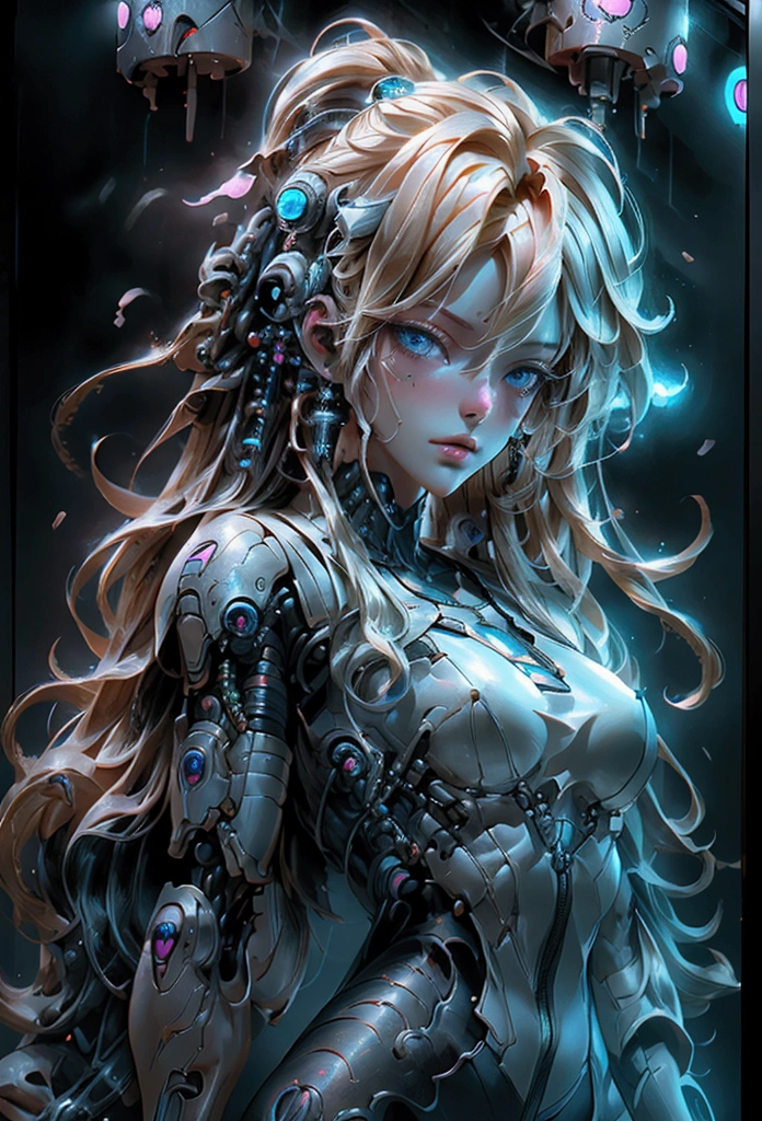 Close up of a Cybernetic girl, long messy blonde hair, Highly detailed, mechanical girl with a beautiful face, leather armour with cybernetic components and chains, large breasts, futuristic, movie aesthetic, masterpiece quality, cyberpunk, neon lit tokyo. Looking at the viewer, Taken by professional photographer using a canon 5D mark 3. Extremely detailed and colourful --ar 2:3 --v 6.0 --style raw --s 750 