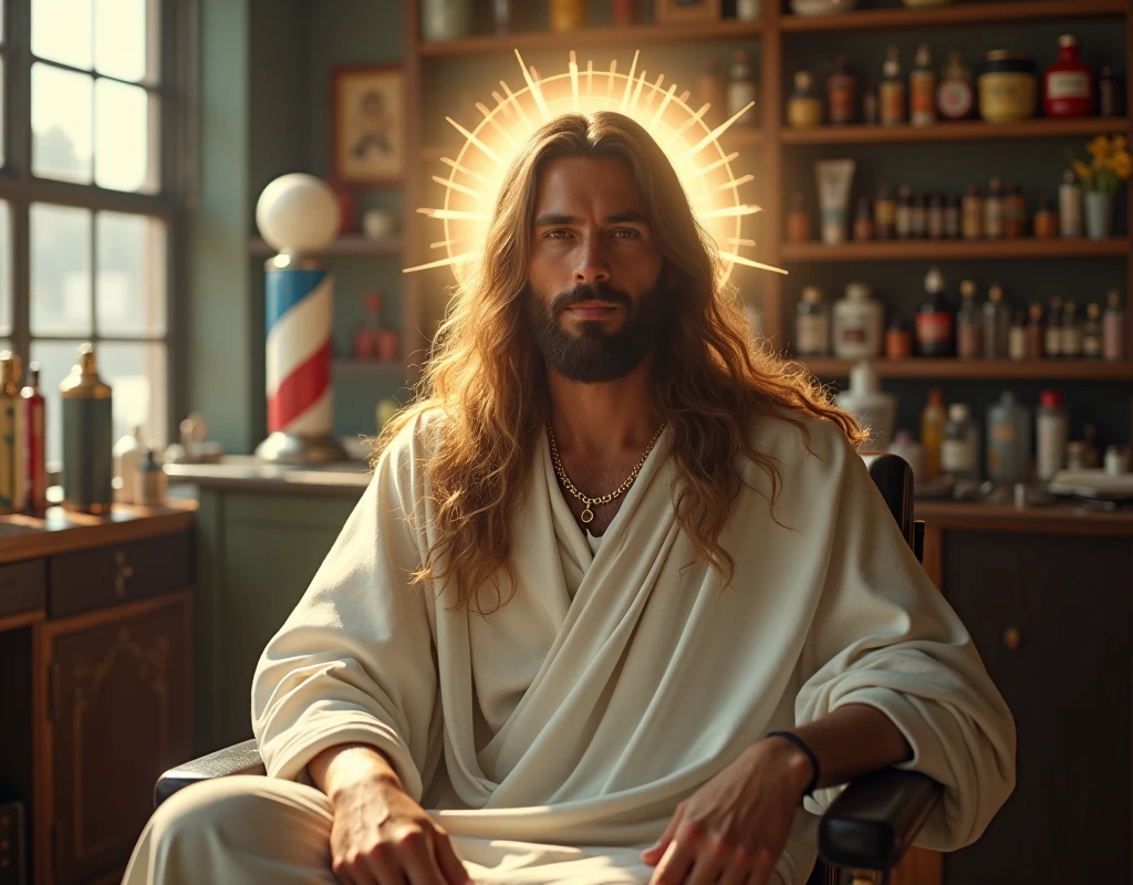 We need an image of Jesus with long hair and shinning and setting on the. Barber Shop 