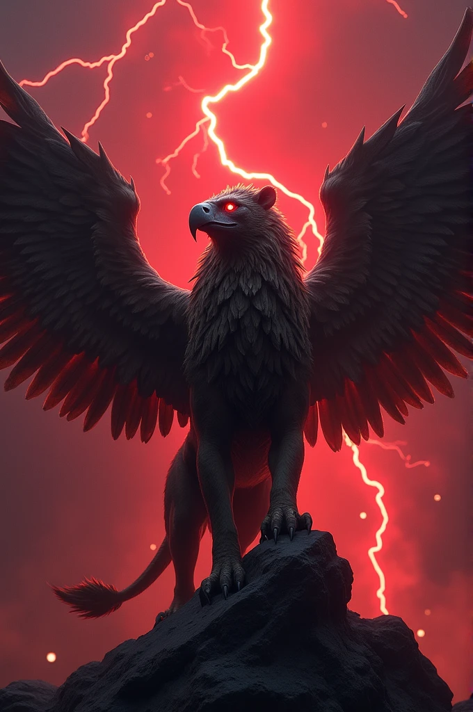 Creates a dark griffin with red eyes and a red lightning bolt behind it with lion wings and tail