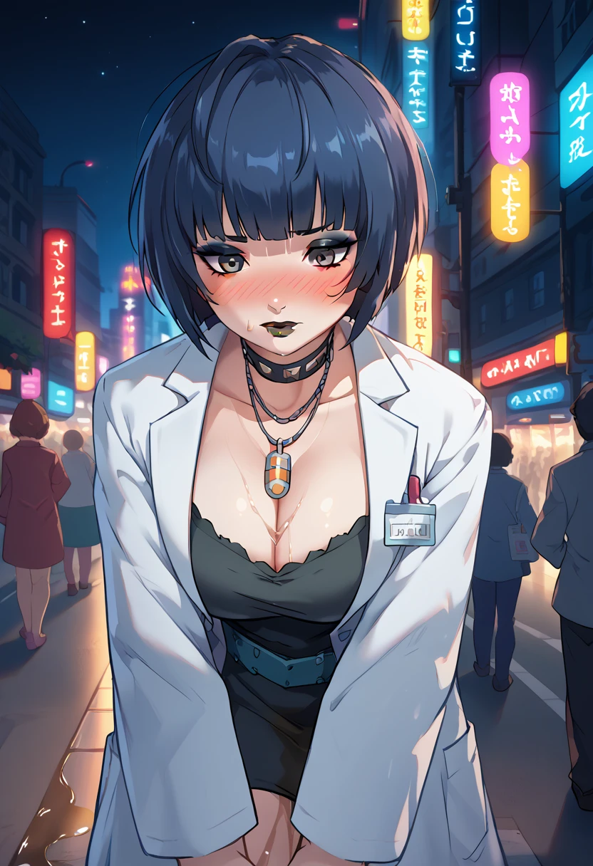 1girl, woman, takemip5, short hair, very black hair, blue hair, labcoat, black dress, belt, choker, necklace, cleavage, makeup, black lipstick, eyeliner, (wetting self:1.5), desperation, huge breasts, (blushing:1.5), embarrassed, humiliation, aroused, orgasm, trembling, city, street, crowd, night, futuristic, colorful lights, colorful city