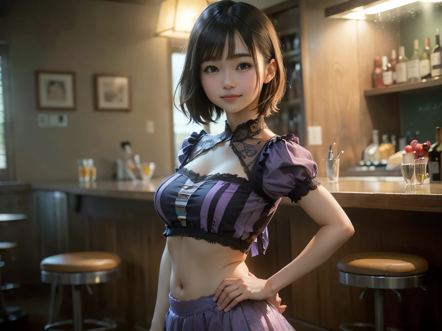 (Highest quality, masterpiece, Ultra-high resolution, 8k, RAW Photos, Realistic, Anatomically correct:1.5), 20-year-old girl:1.2, Embarrassing, avert your eyes, blush:1.0, View Viewer, ((bar)) 、Large windows、Night view、 Light:1.2, Bokeh, Cinema Lighting:1.0, Depth of written boundary, sharp、 Cute Face、Idol、(Black short sleeve lace top)、(Black tulle skirt)、(Purple clothes)、(Green patterned clothes)、”dwarf”、(Full Body Shot)、(Side angle)、Cowboy Shot、( smile)、((Ultra short hair、Berry Short))、(Straight bangs)、((See-through))、(( One woman))、look back、I can see your belly button、