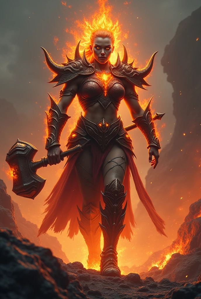 Fire giant warrior queen with warhammer