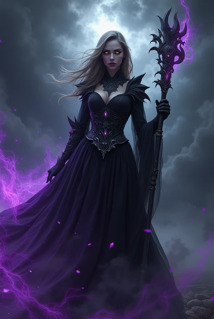 (photoralism:1.2), Very detailed, Ultra-high resolution, High Contrast, masterpiece, realistic, Scary stormy scene, pretty woman, golden eyes, frightening black dress with armor, witch, purple magic, intricate staff with purple magic, evil, commanding, wicked grin, streaks on eyes
