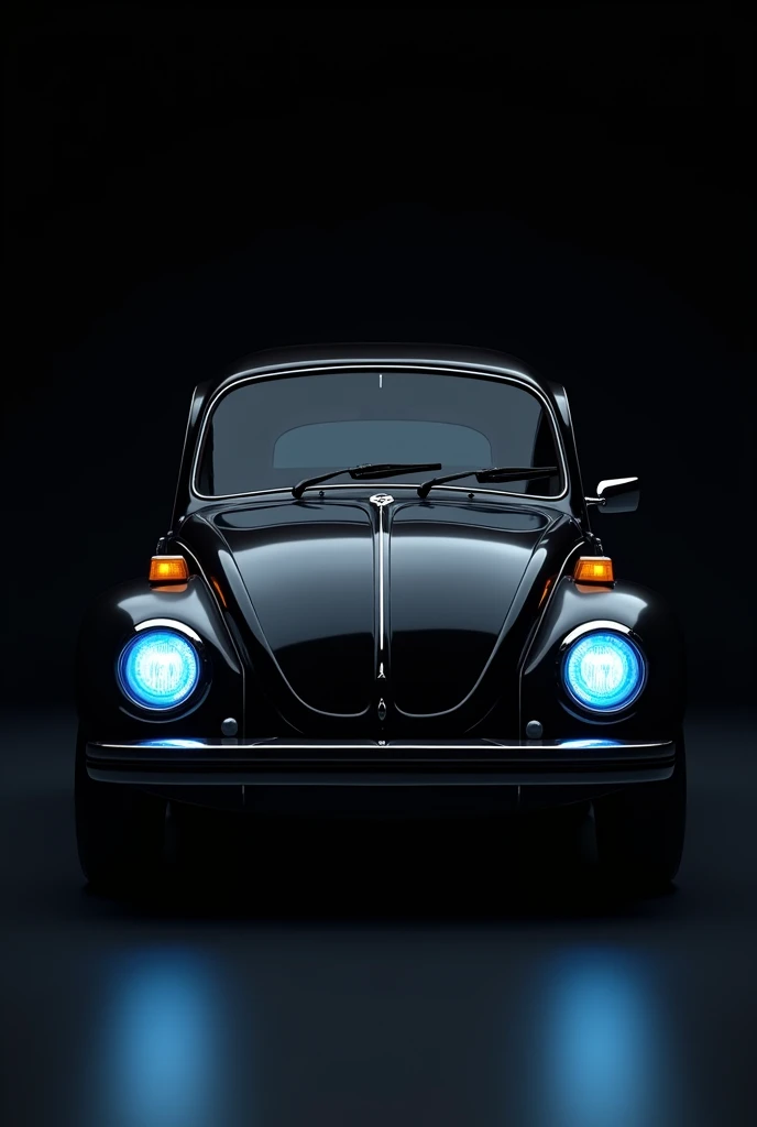 Create an image with a black background,of a black 1980 Beetle car,with the view through half the front,with the blue headlights,do with both rearview mirrors