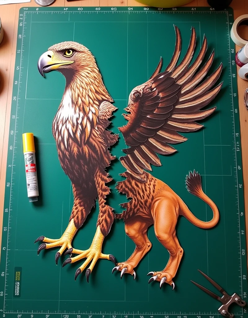 2 flat tear papers from magazine are put on the big green cutting mat. (First Tear paper is the photo of eagle with only head claws and wings), (second tear paper is the photo of the lower part of lion with only body, hip, back leg and tail), two papers are put on side by side to make new creature that upper part is eagle and lower part is lion, perspective view, (glue stick, tape, cutter on the mat)