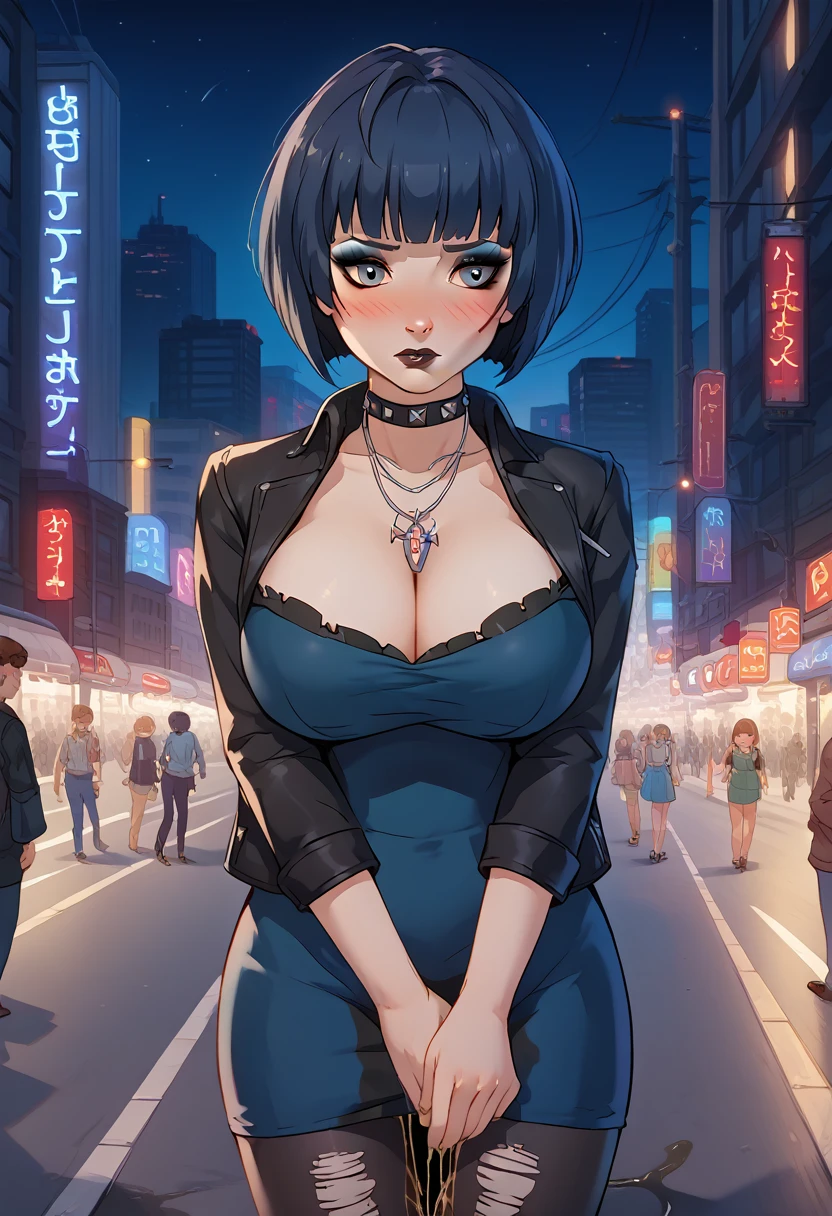 takemicasualp5, short hair, bob cut, very black hair, blue hair, choker, necklace, leather jacket, blue dress, spiderweb, ripped pantyhose, black lipstick, makeup, eyeliner, (wetting self:1.5), desperation, huge breasts, (blushing:1.5), embarrassed, humiliation, aroused, orgasm, trembling, city, street, crowd, night, futuristic, colorful lights, colorful city