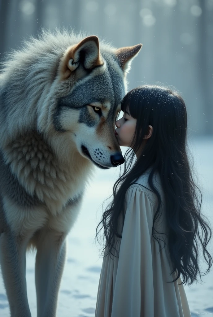 A girl with long hair and black bangs with eyes closed with his face close to a gray wolf