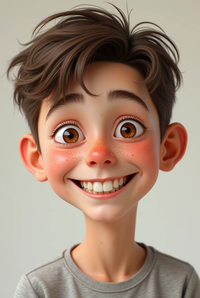 You can create a skinny white boy with brown eyes and brown hair with freckles and with another haircut but hyper realistic with a smile that shows his teeth very nicely and with super realistic straight and short hair with less blush, more white and with moles and freckles and super realistic
