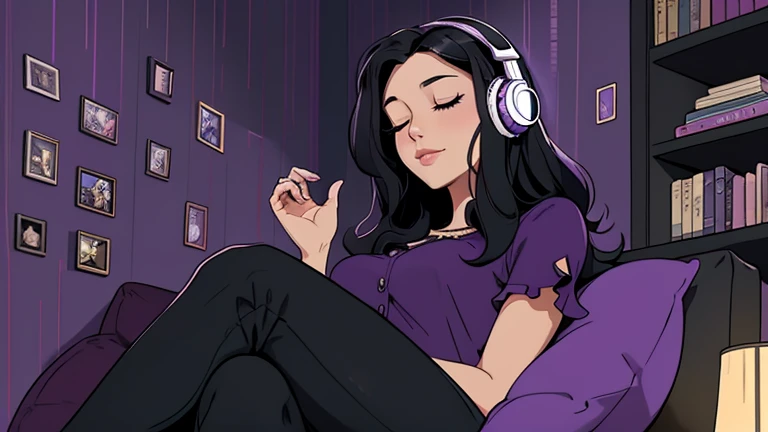 Beautiful woman in her 30s with black hair is sitting with headphones on the sofa. Looking down, eyes closed, LOFI girl, alone in the room, blouse, cozy wallpaper, big cushion, bookshelf, relaxing mood, night core, cozy, wide glass window with skyscrapers, outside view at night, only five fingers, purple wall,