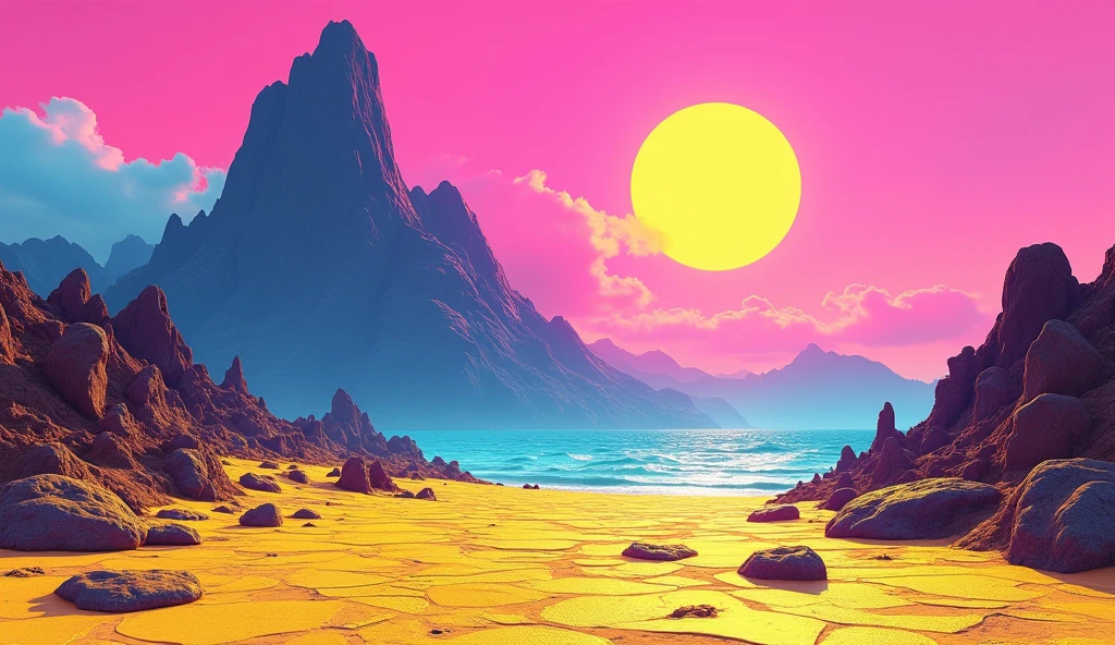 Vice City GTA, pink and blue sky landscape with yellow sun stone ground, huge rocky mountain in the background