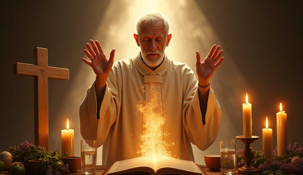 Create an ultra-realistic image of an elderly man with Germanic features, known as Vô Augusto, facing forward as he performs a blessing ritual. His hands are held over a glass of water, radiating warmth and divine energy. The setting is peaceful, with a serene background featuring elements like glowing candles, a wooden cross, and a Bible. The atmosphere is infused with light, symbolizing the presence of divine healing. Vô Augusto’s expression reflects deep gratitude and unwavering faith, emphasizing the power of healing and the removal of all suffering. The image should capture the sense of renewal and the presence of God’s light restoring health, as if the viewer can feel the transformative energy of the blessing. mão com 5 dedos, OLHANDO PRA FRENTE COM MAOS EM POSICAO DE PASSE ASSIM COMO JESUS CRISTO, OLHAR SERENO E CALMA, MUITA ENERGIA EM VOLTA, COM SANTOS, ERVAS, E MUITA ENERGIA DE DEUS
