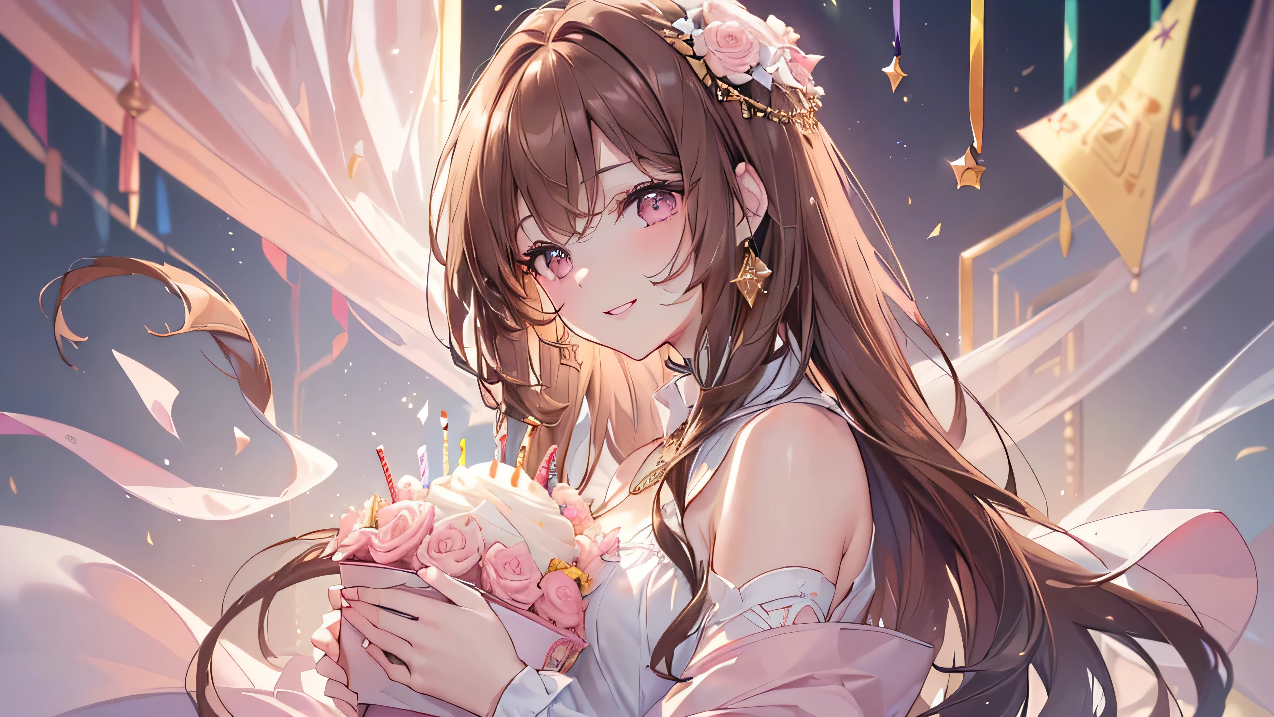 ((Highest quality、masterpiece、Ultra-fine、Ultra-fine、Exquisite、Golden Ratio,16K、Brown Hair,The best smile,Full HD、)), ((Side angle,I have a birthday present,One person))Long eyelashes、White skin、(Pale pink lips、Pale pink cheeks、thin and long)、((One person)),Birthday Party -