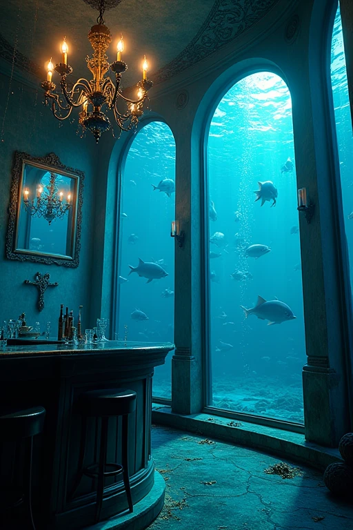 gothic architecture chandelier black and blue atmosphere fish bubbles、House in the sea、The windows are big and fish are swimming outside、mirror、Decorative Picture Frame、The ceiling has a black iron lattice.、The room is separated from the sea by a glass window.、There is an ocean outside the room, so fish are swimming.、pub、counter