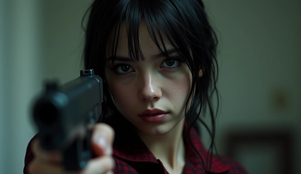 (((ultra realistic))) Photo, masterpiece, top quality, (pale skin), (Ultra detailed face and eyes:1.3), Young girl, ((John Wick guns poster reference)), (((dicks around instead of guns))), cum covered