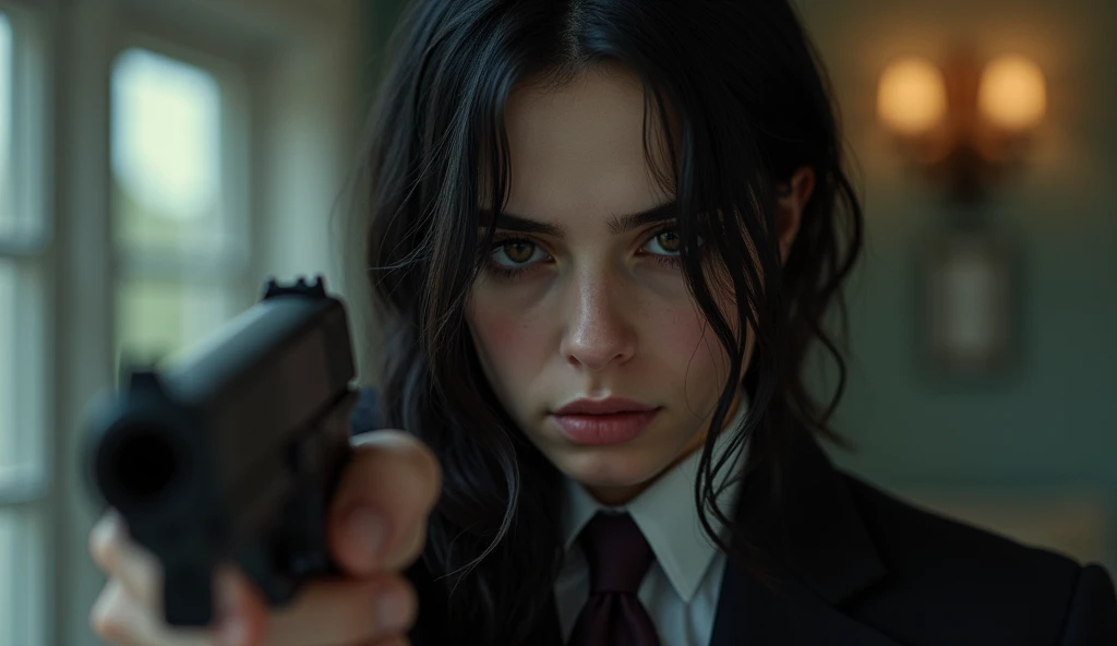 (((ultra realistic))) Photo, masterpiece, top quality, (pale skin), (Ultra detailed face and eyes:1.3), Young girl, ((John Wick guns poster reference)), (((dicks around instead of guns))), cum covered