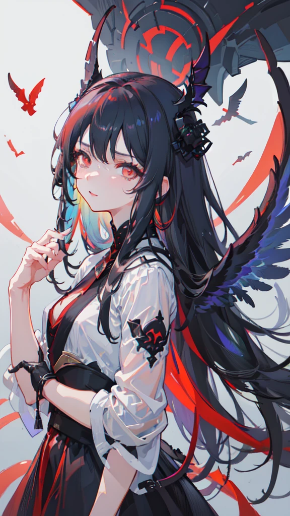 devil,Red eyes,Black wings、Black Tail、Shadow on face、Glaring、A black mist wraps around my body、Dark emotions、Crows flying in circles in the sky、Black Tears,　Gliding on wings、　Laughing out loud