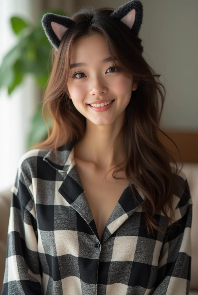(masterpiece, Highest quality:1.1), (8k, RAW Photos, Photorealistic:1.2, f22), (Glowing Skin), Detailed skin,Long Hair,Brown Hair、Straight Hair、Flat Chest、Small bust size、Slim face、Short neck、Detailed face, Detailed eyes,smilee,break, Real World, Intricate details, smile, break, One person, whole body,(Long sleeve,pajamas,Plaid,Black and White,Cat ear)break, (sofa:1.4)、Natural light、bright、noon