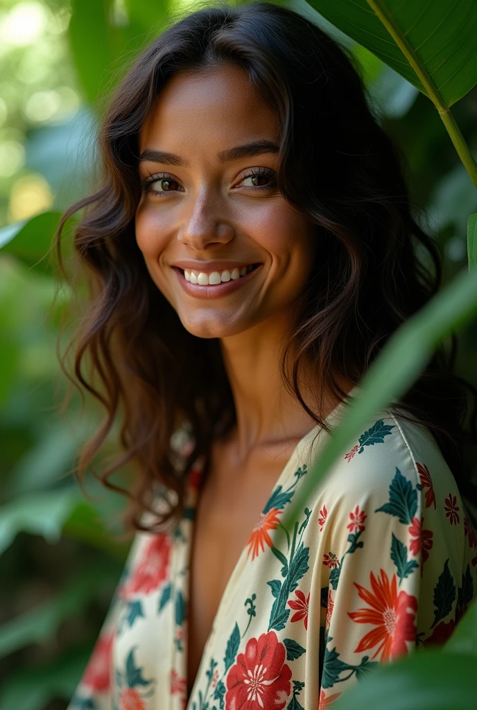 A Brazilian woman in a lush tropical garden, wearing an open shirt with a floral print, with a close-up capturing the harmonious beauty between her breasts and the natural flowers, showing off your natural charm and outgoing personality.