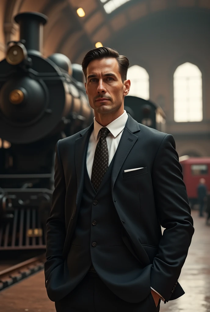 man, short black hair, dressed in an elegant suit, full body, in a train station, looking at the camera, a locomotive behind, photorealistic