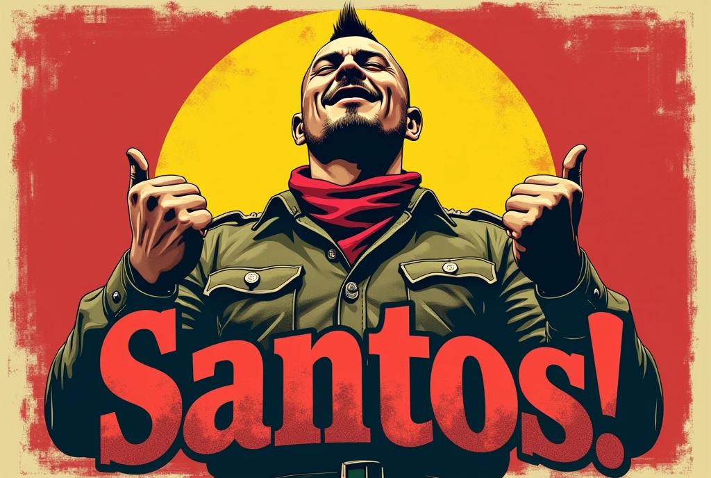 a cinematic, high-contrast, distressed, vintage t-shirt print design with a punk twist, featuring a proud, 40-year-old Russian soldier from the Ho Chi Minh Army, with a short, flat mohawk and a goatee, laughing jubilantly to the sky with bold, dynamic, and victorious hands gestures, his eyes closed, and his face contorted in a strong, confident, and triumphant expression, set against a clean, gradient background that subtly graduates from a deep, rich yellow center to a warm, vibrant red background, evoking the colors of the Vietnamese flag, with the bold, vintage-style title "VIVA SANTOS!" emblazoned in a curved line, in a faded font with rustic, worn edges, placed prominently in front of the soldier, creating a central focal point, while the soldier's intricately detailed, earth-toned uniform accurately reflects the Ho Chi Minh Army style, complete with a faded, crimson scarf, a brown, studded belt, and a pair of worn, black boots, all blending into the aged, aesthetically faded edges of the design.