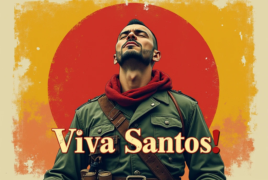 a cinematic, high-contrast, distressed, vintage t-shirt print design with a punk twist, featuring a proud, 40-year-old Russian soldier from the Ho Chi Minh Army, with a short, flat mohawk and a goatee, laughing jubilantly to the sky with bold, dynamic, and victorious hands gestures, his eyes closed, and his face contorted in a strong, confident, and triumphant expression, set against a clean, gradient background that subtly graduates from a deep, rich yellow center to a warm, vibrant red background, evoking the colors of the Vietnamese flag, with the bold, vintage-style title "VIVA SANTOS!" emblazoned in a curved line, in a faded font with rustic, worn edges, placed prominently in front of the soldier, creating a central focal point, while the soldier's intricately detailed, earth-toned uniform accurately reflects the Ho Chi Minh Army style, complete with a faded, crimson scarf, a brown, studded belt, and a pair of worn, black boots, all blending into the aged, aesthetically faded edges of the design.