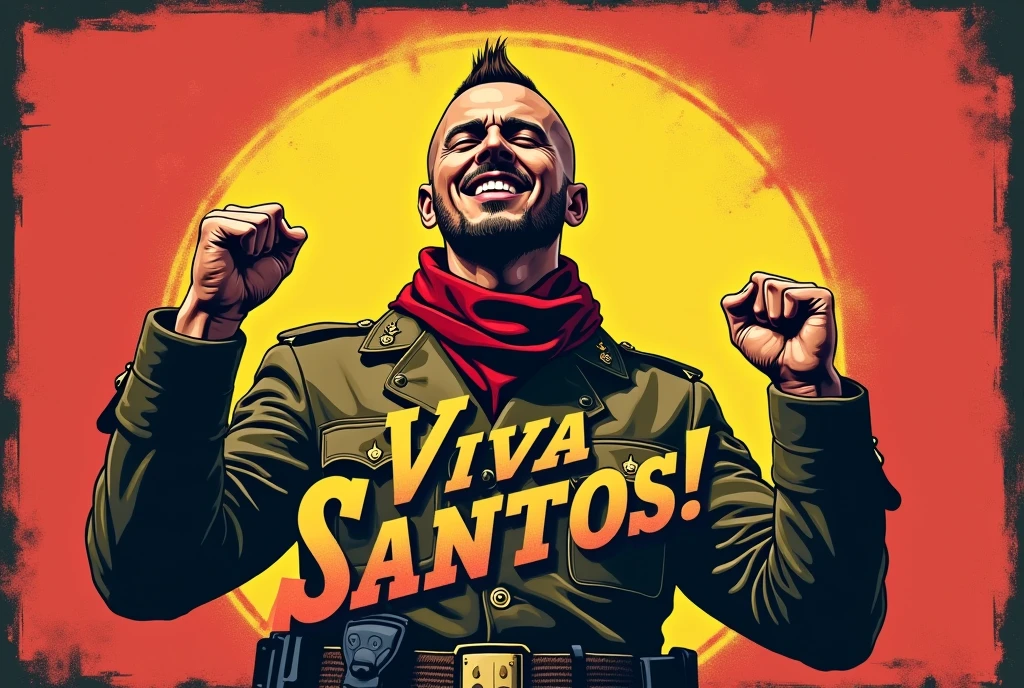 a cinematic, high-contrast, distressed, vintage t-shirt print design with a punk twist, featuring a proud, 40-year-old Russian soldier from the Ho Chi Minh Army, with a short, flat mohawk and a goatee, laughing jubilantly to the sky with bold, dynamic, and victorious hands gestures, his eyes closed, and his face contorted in a strong, confident, and triumphant expression, set against a clean, gradient background that subtly graduates from a deep, rich yellow center to a warm, vibrant red background, evoking the colors of the Vietnamese flag, with the bold, vintage-style title "VIVA SANTOS!" emblazoned in a curved line, in a faded font with rustic, worn edges, placed prominently in front of the soldier, creating a central focal point, while the soldier's intricately detailed, earth-toned uniform accurately reflects the Ho Chi Minh Army style, complete with a faded, crimson scarf, a brown, studded belt, and a pair of worn, black boots, all blending into the aged, aesthetically faded edges of the design.