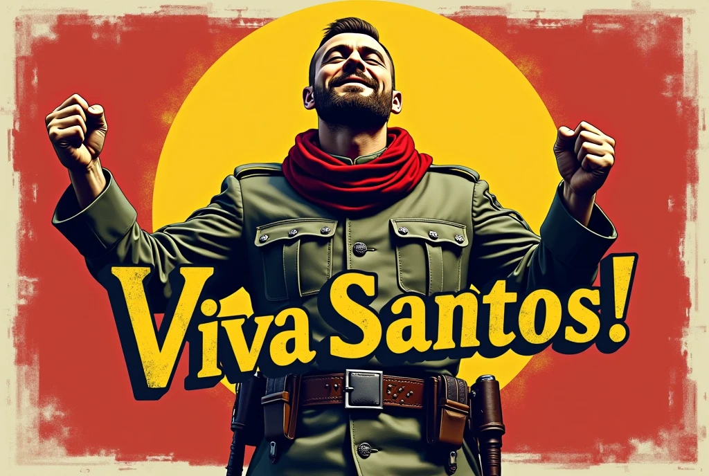 a cinematic, high-contrast, distressed, vintage t-shirt print design with a punk twist, featuring a proud, 40-year-old Russian soldier from the Ho Chi Minh Army, with a short, flat mohawk and a goatee, laughing jubilantly to the sky with bold, dynamic, and victorious hands gestures, his eyes closed, and his face contorted in a strong, confident, and triumphant expression, set against a clean, gradient background that subtly graduates from a deep, rich yellow center to a warm, vibrant red background, evoking the colors of the Vietnamese flag, with the bold, vintage-style title "VIVA SANTOS!" emblazoned in a curved line, in a faded font with rustic, worn edges, placed prominently in front of the soldier, creating a central focal point, while the soldier's intricately detailed, earth-toned uniform accurately reflects the Ho Chi Minh Army style, complete with a faded, crimson scarf, a brown, studded belt, and a pair of worn, black boots, all blending into the aged, aesthetically faded edges of the design.