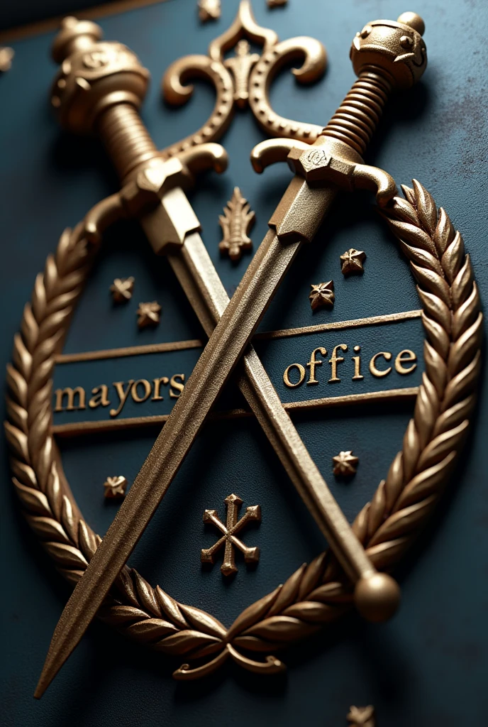 A spike and a crossed sabre, down the word    "MAYOR&#39;S OFFICE"  with military background in 3d