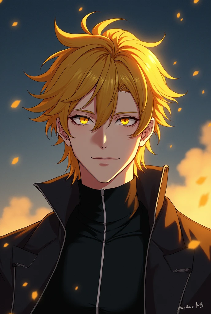 Yellow hair, yellow eyes, yellow hair, anime, , young man in his twenties, wearing black, night, soft lighting, strength, majesty, handsome