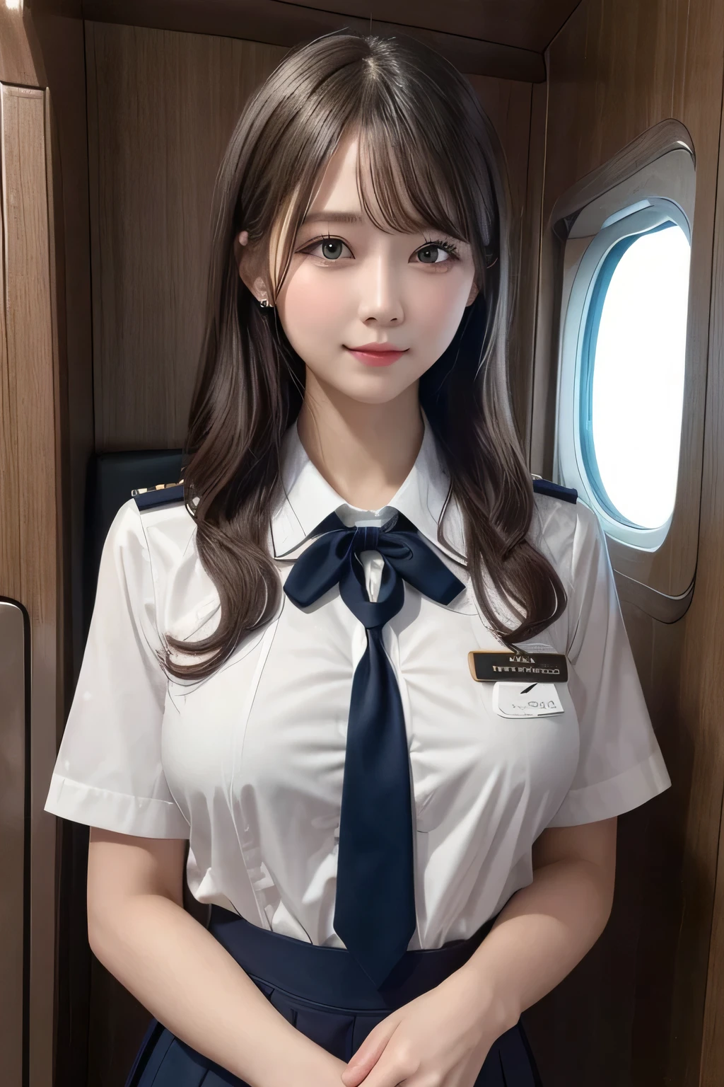 One Girl, 1 person,Highest quality,High resolution,超High resolution,8k,Realistic,Upper Body,encounter_audience,Large Breasts, the body is slim,(Cabin Attendant:1.2), uniform,