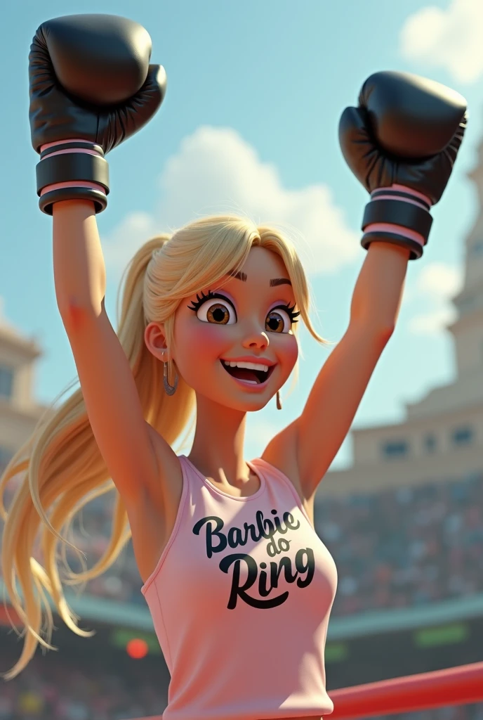 Cartoon character of a Brazilian woman in a pink t-shirt, on her t-shirt it says "BARBIE DO RING", she is wearing black boxing gloves, and her hands are raised because she won the fight, her forehead is a little big. light-skinned animation character, long face, light hair, blonde hair, ponytailed hair, dark brown eyes, small round slightly almond-shaped eyes, thin features, delicate features, cute, gorgeous, smile, stylized character, rendering animation style, stylized 3D, Arnold Maya Rendering, stylized 3D rendering, toon rendering screenshot, 3D character, 3D character, stylized 3D rendering, 3D character rendering, cartoon character, close-up character, pose character, (Pixar style) (master part: 1.2) (bokeh) (best quality) (skin detail) (detailed texture) (8k) (Argilla) (cinematic lighting) (sharp focus)