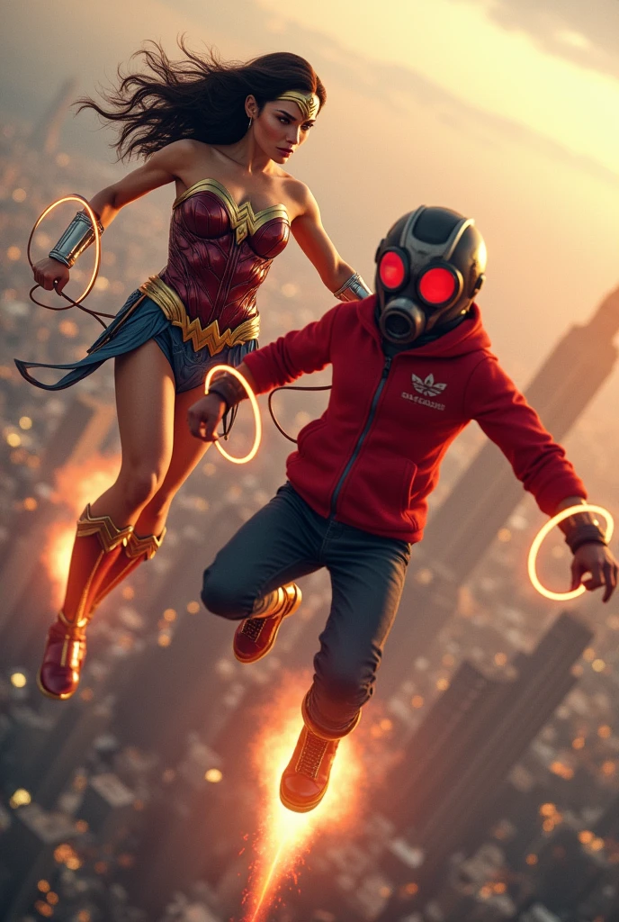 Wonder woman, realistic, big breasts, microphone, full body  & Youg boy with red hoodie, headphones, Star-lord helmet, rocket boots, gas helmet, covered mouth, round red, eyes, front cover, Kid Star-lord with red hoodie, star-lord helmet, gas helmet, covered mouth, round red eyes, Red eyes, magic rings in the hands and rocket boots, Fighting, power, fiction, 2 persons, magic lasso, hight, fall, DJ, view of the city from above, flying in the sky, capa roja, fuego debajo de los zapatos.